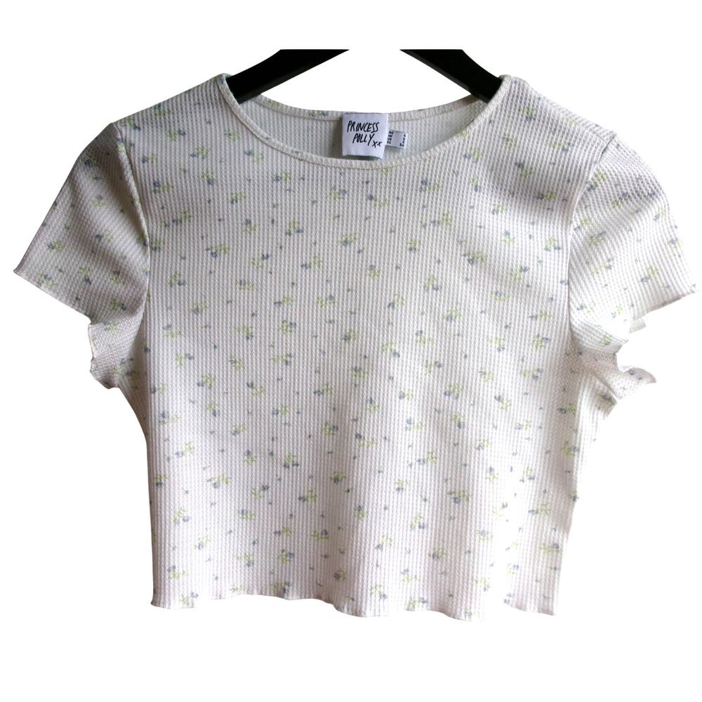 Princess Polly Floral Waffle Knit Baby Tee Ivory Blue Size 2 Crop Top